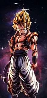 Anime warrior standing against a starry galaxy backdrop.