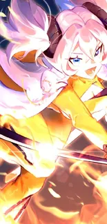 Vibrant anime warrior with fiery backdrop in dynamic action pose.