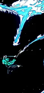 Anime character unleashes water attack on black background.