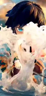 Anime character with dynamic water splash effect background.