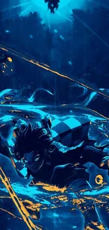 Dynamic anime character with water scene in vibrant blue and orange colors.