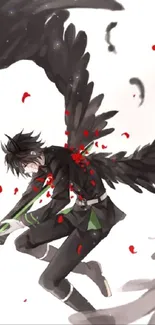 Anime character with black wings and red petals on white background.