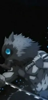 Anime wolf warrior under a starry night sky.