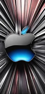 Dynamic metallic Apple logo wallpaper design in blue and silver.