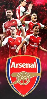 Arsenal football team wallpaper with players and logo in vibrant colors.