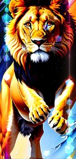 Artistic lion with vibrant colors and dynamic design in mobile wallpaper.