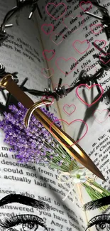 Open book with dagger, flowers, barbed wire, and heart shapes.