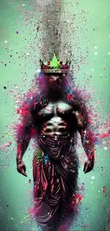 Vibrant artistic wallpaper with a crowned warrior in teal hues and colorful explosion.