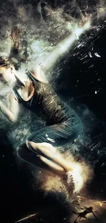 Dynamic depiction of an athletic woman in motion against a dark background.