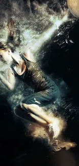 Athletic woman leaping in dynamic, dark-themed wallpaper.