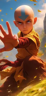 Avatar Aang in dynamic pose, surrounded by autumn leaves and mountains.