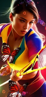 Dynamic vibrant badminton player with butterflies wallpaper.