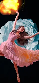 Ballerina in pink dress with flower backdrop and fiery highlight.