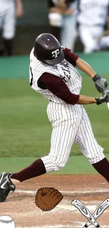 Baseball player mid-swing on field in action scene.