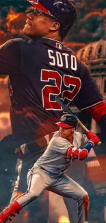 Baseball player swings bat with dramatic background.