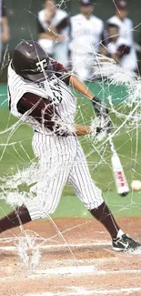 Baseball player mid-swing with shattered glass effect in action wallpaper.