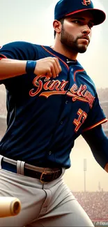 Baseball player in uniform ready to pitch with a stadium backdrop.