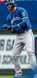 Baseball player in action on field, blue uniform.