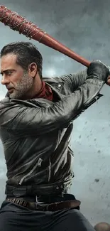 Figure in a leather jacket holds a barbed baseball bat ready to strike.