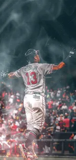 Baseball player celebrating with crowd background.