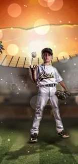 Young baseball player under stadium lights with dynamic effects.