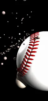 Dynamic baseball with red stitching on black background.