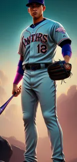 Stylized baseball player in uniform holding a bat with dramatic sky backdrop.