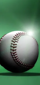 A detailed baseball with stitches on a vibrant green background.