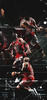 Energetic basketball player in action with vibrant red hues.