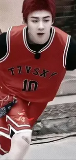 Basketball player in red uniform during an intense game action.