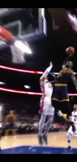 Intense basketball game action moment.