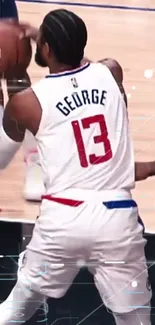 Basketball player in action on court, white and red uniform.