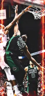 Intense basketball action wallpaper featuring a memorable dunk.