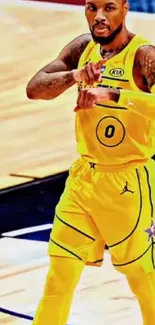 Basketball player in yellow jersey during game action.