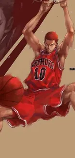 Anime basketball player in red jersey making a slam dunk.