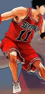 Dynamic anime basketball player in red jersey.