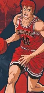 Dynamic anime basketball player in red uniform.