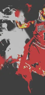 Abstract basketball player artwork in red and black with dynamic strokes.