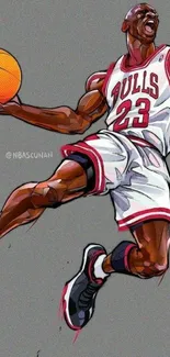 Animated basketball player in action on gray background.