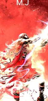 Basketball player performing a slam dunk in fiery, dynamic red art.