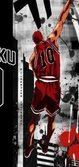 Anime basketball player leaping toward hoop in red jersey on dark background.