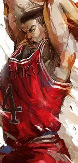 Energetic basketball player art in red on mobile wallpaper.