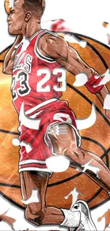 Dynamic artwork of a basketball player with vibrant orange background.