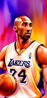 Vibrant basketball art with Lakers player in motion, featuring dynamic colors.