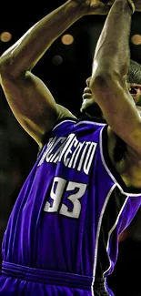 Basketball player in purple jersey shooting a basket with dynamic action.