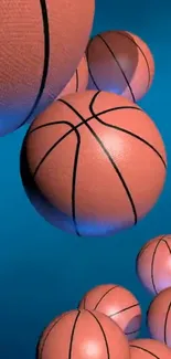 Basketballs floating against a vibrant blue background.