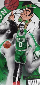 Basketball player collage with green elements and sports theme.