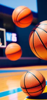 Flying basketballs on a vibrant court background.