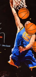 Basketball player performing a stunning slam dunk in a dynamic sports scene.