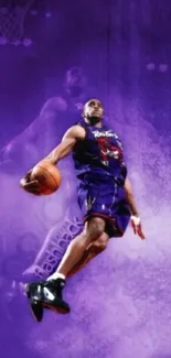 Basketball player dunking in vibrant purple wallpaper.